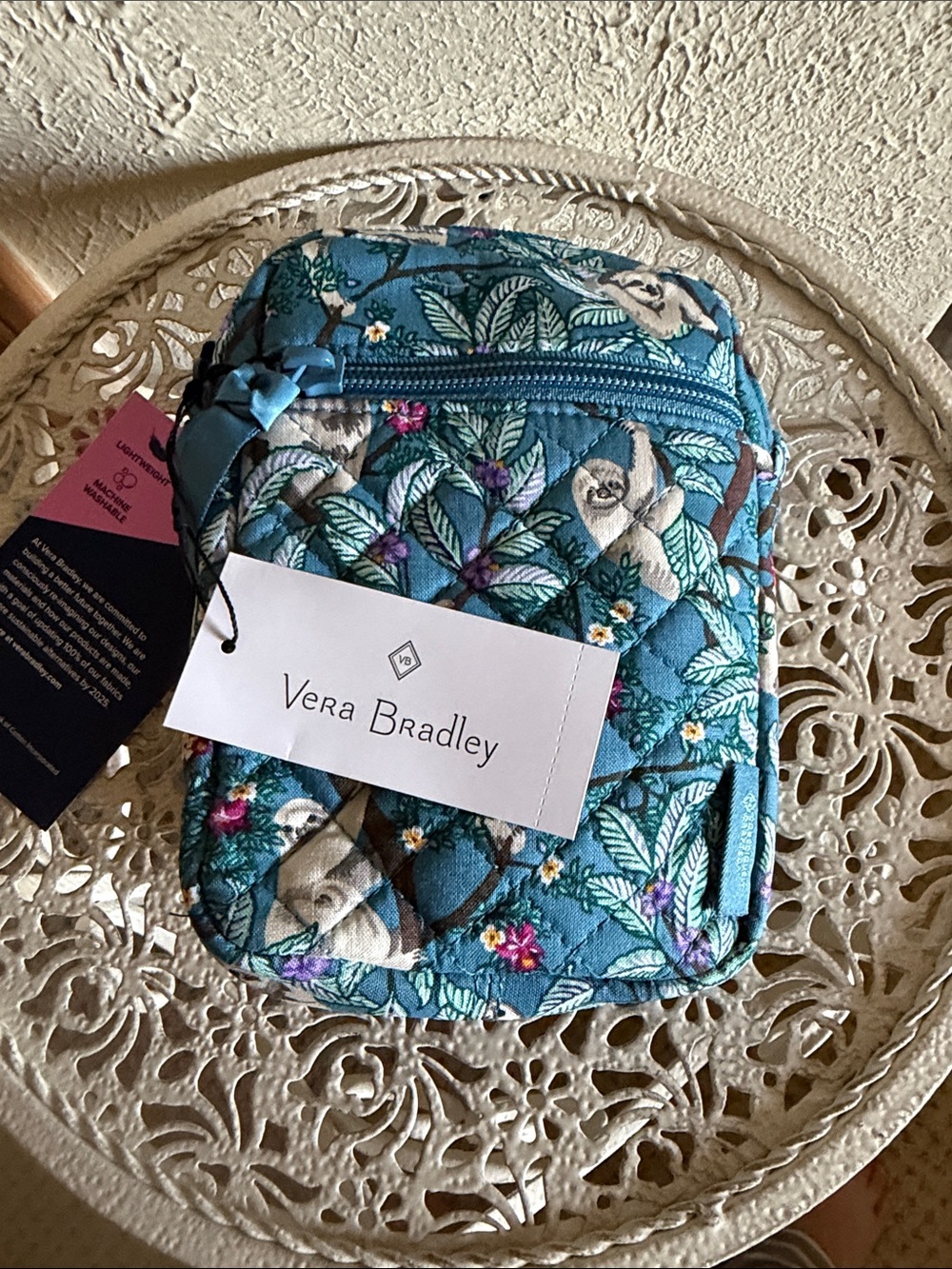 New with Tags Vera Bradley Teal Floral/Sloth RFID Quilted Crossbody Bag